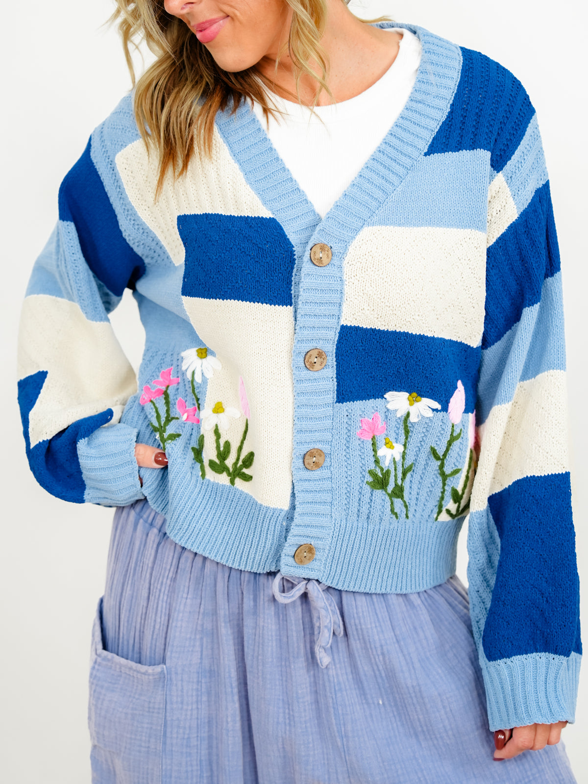 POL Color Block Long Sleeve Button Down Cardigan with Embroidered Flowers