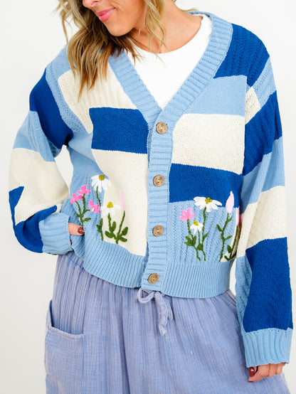 POL Color Block Long Sleeve Button Down Cardigan with Embroidered Flowers