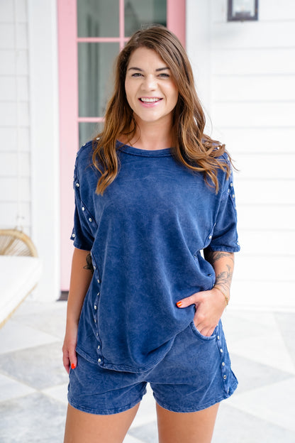 Mineral Wash Short Sleeve Top with Stud Detail