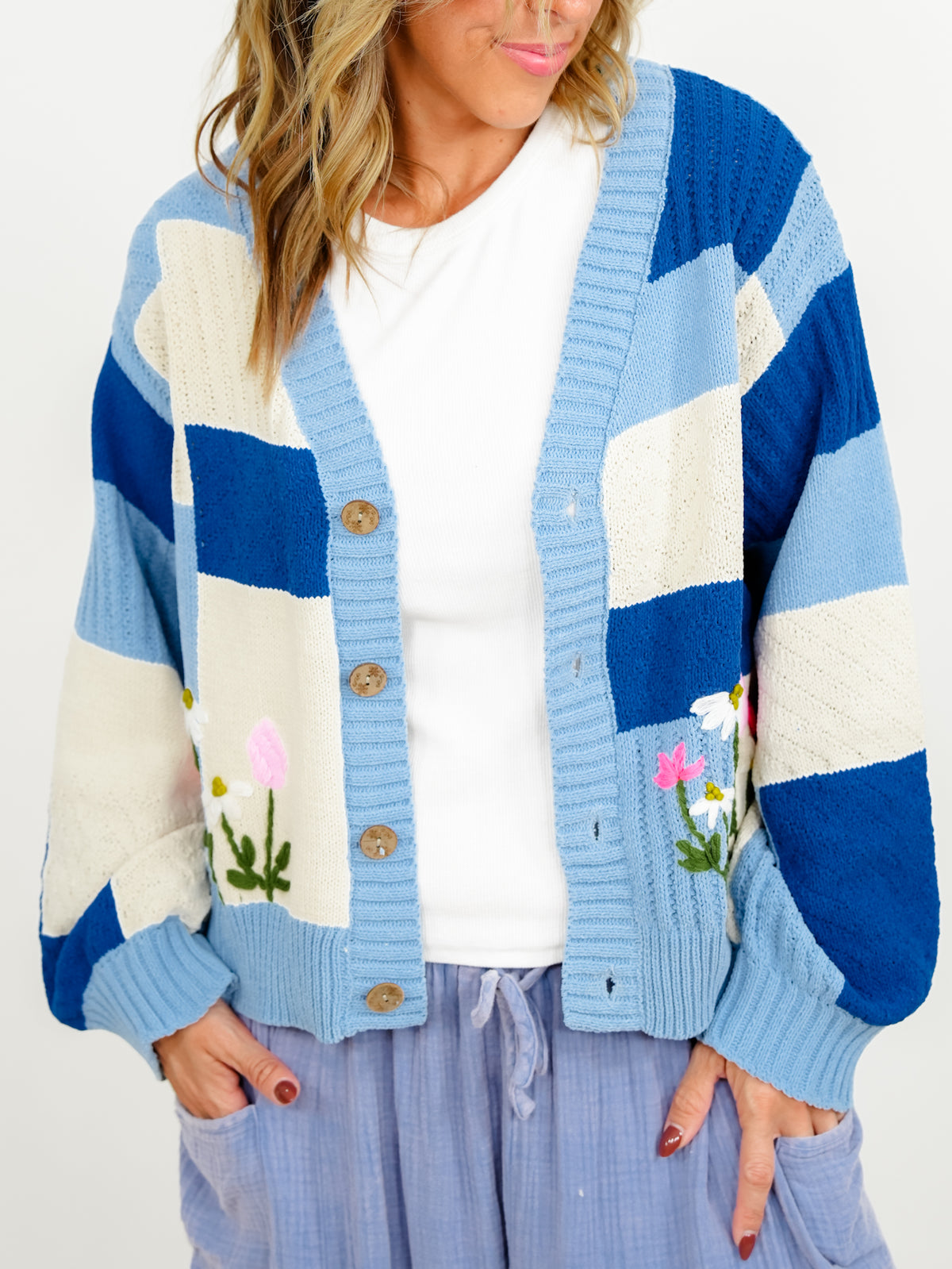 POL Color Block Long Sleeve Button Down Cardigan with Embroidered Flowers