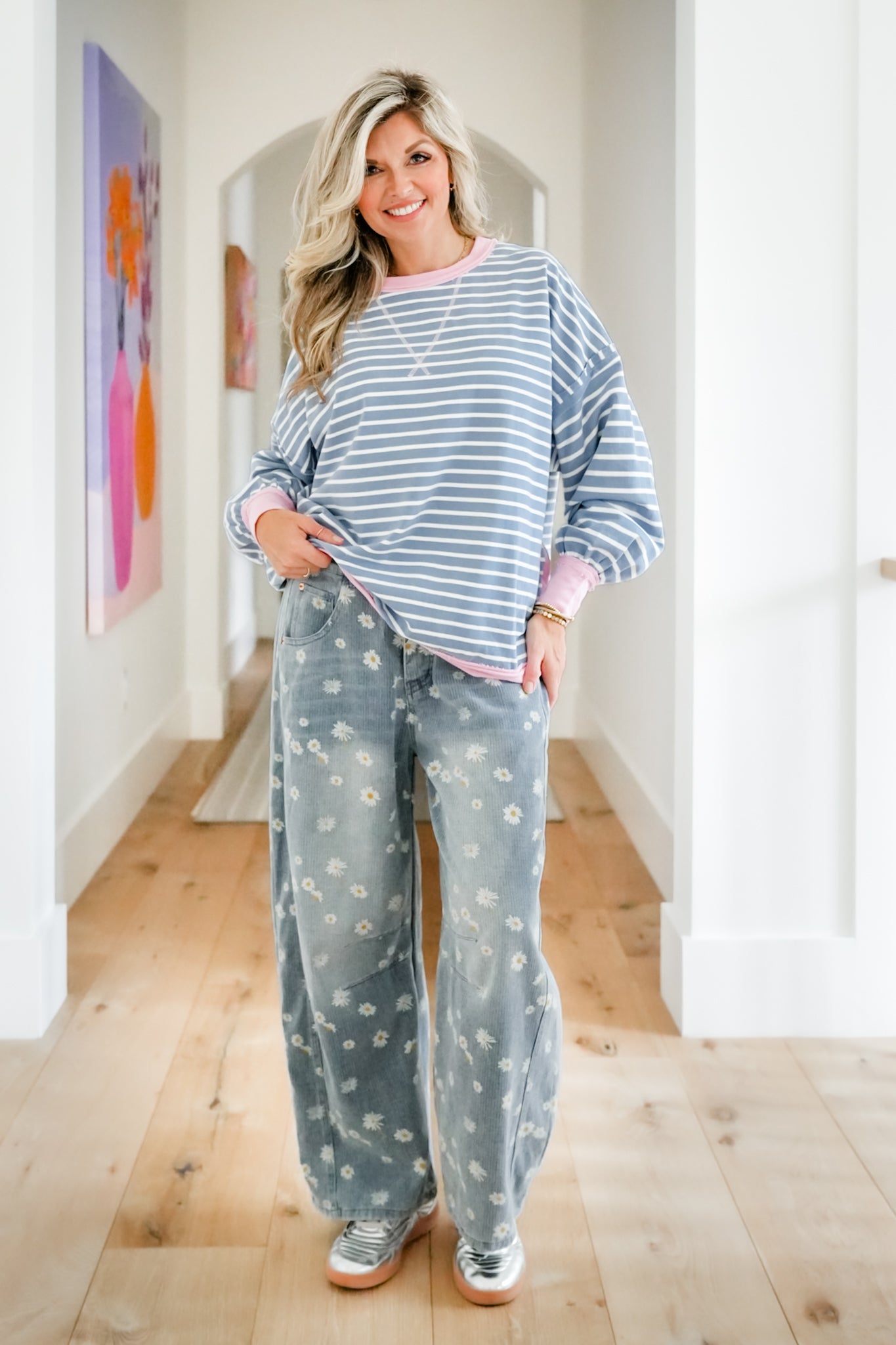 Stripe Color Block Long Sleeve Round Neck Top