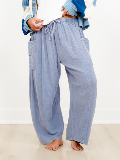 Drawstring Elastic Waist Gauze Wide Leg Cargo Pants