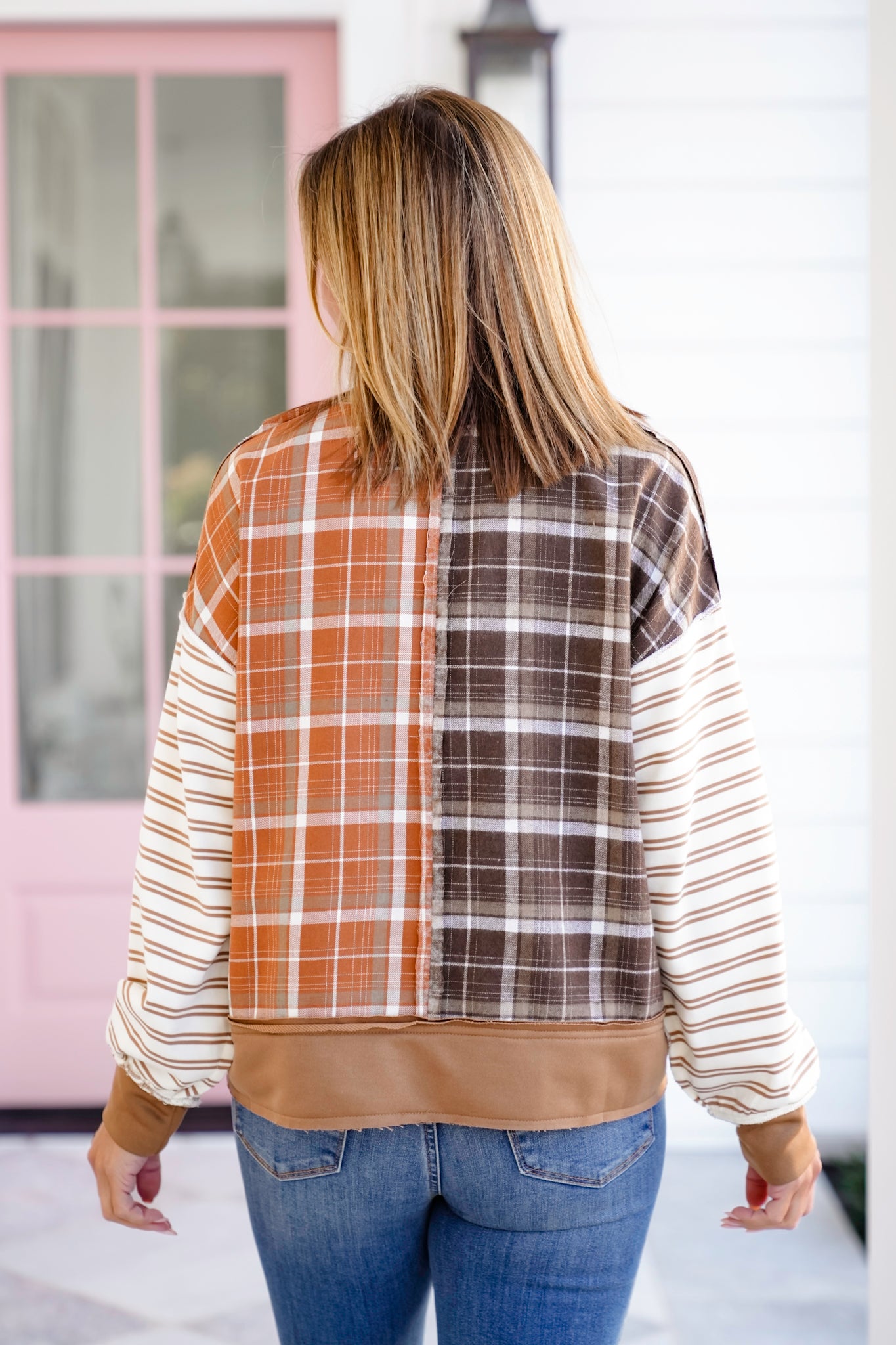 Plus/Reg Plaid And Stripe Long Sleeve Top