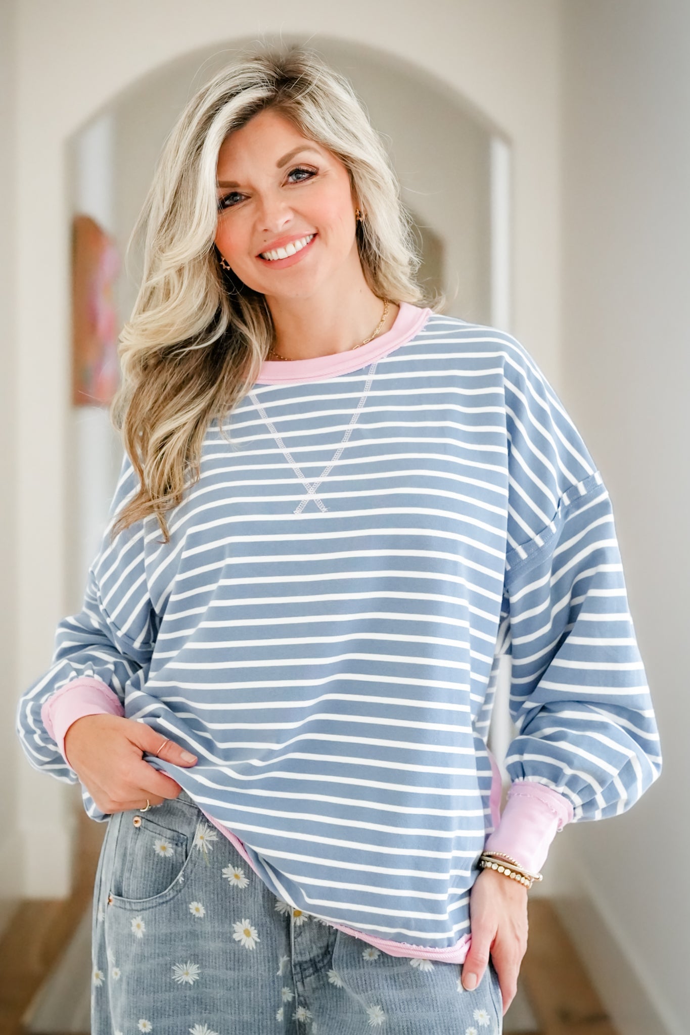 Stripe Color Block Long Sleeve Round Neck Top