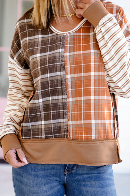 Plus/Reg Plaid And Stripe Long Sleeve Top