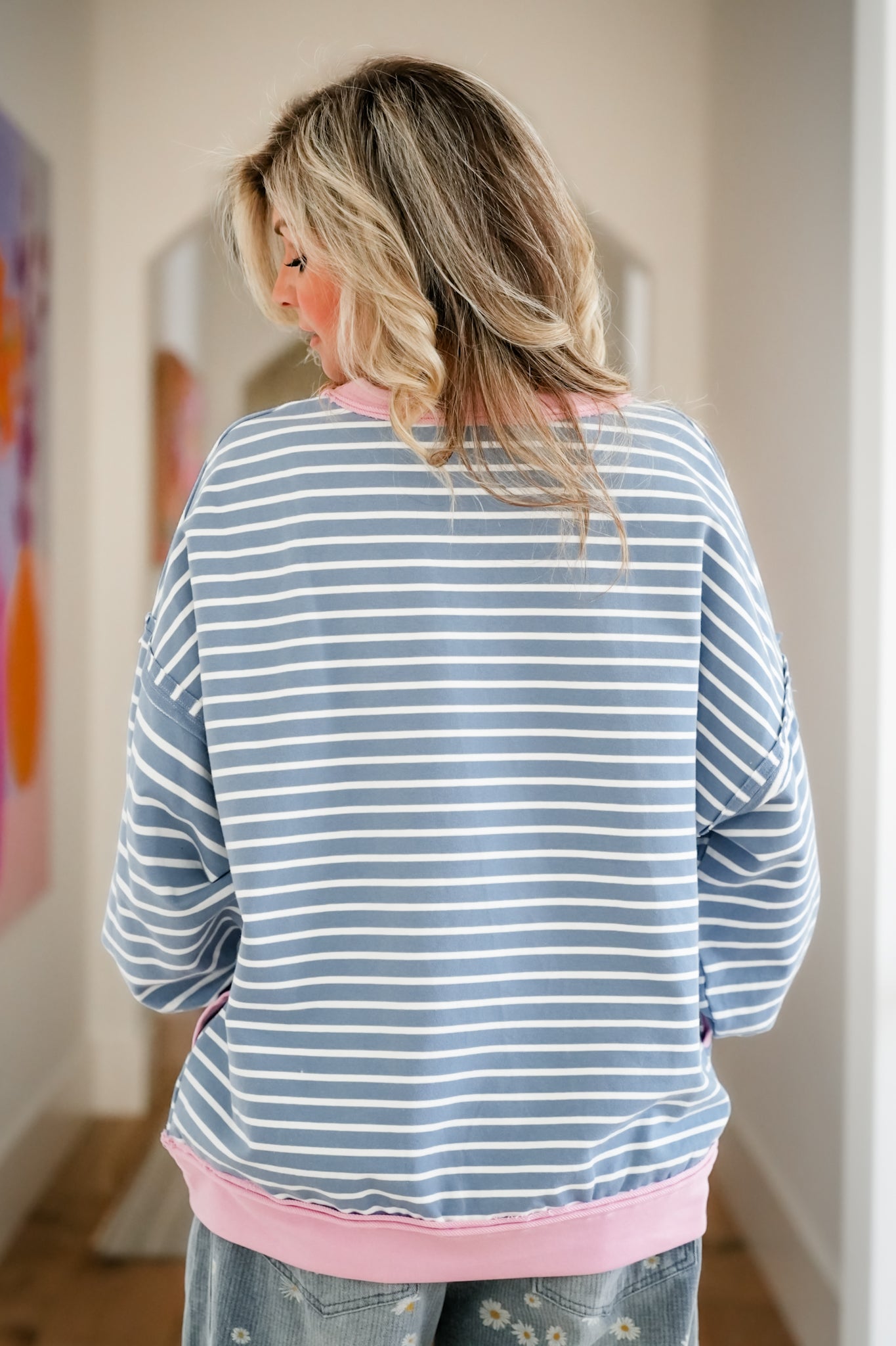 Stripe Color Block Long Sleeve Round Neck Top