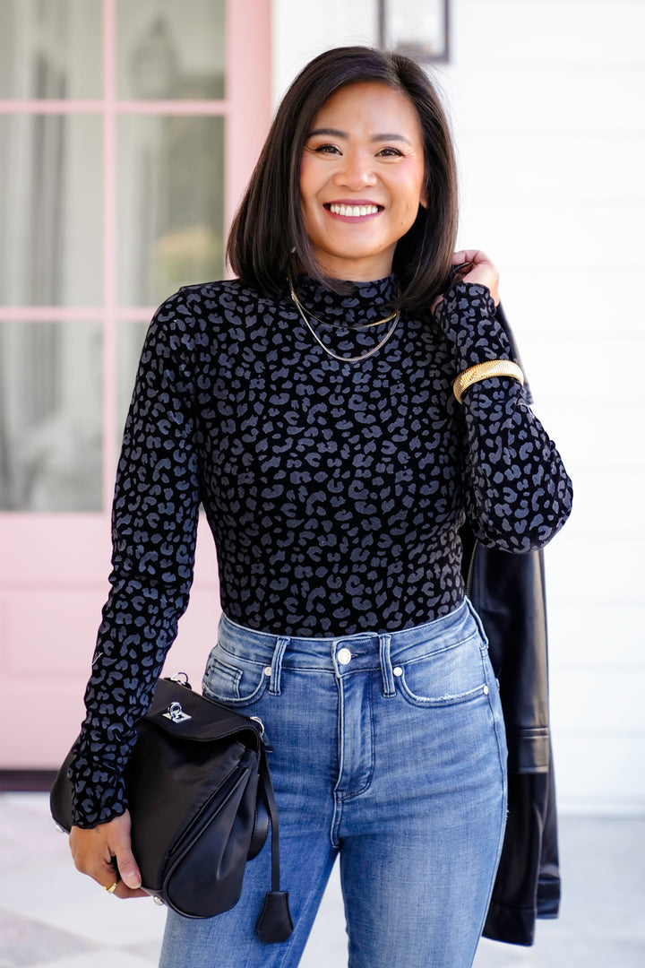Leopard Long Sleeve Top with Mock Neck
