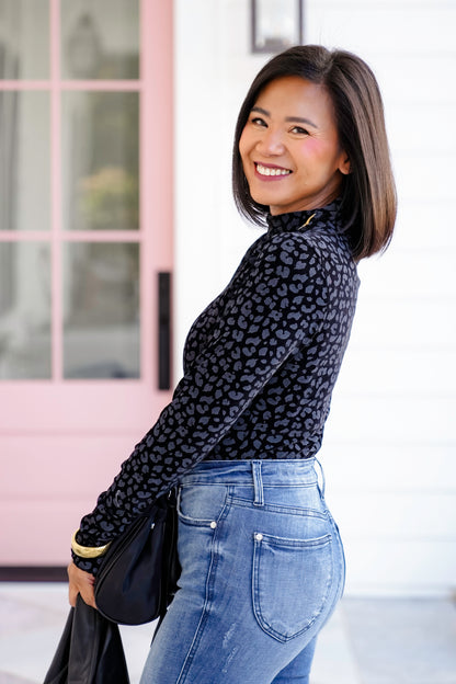 Leopard Long Sleeve Top with Mock Neck