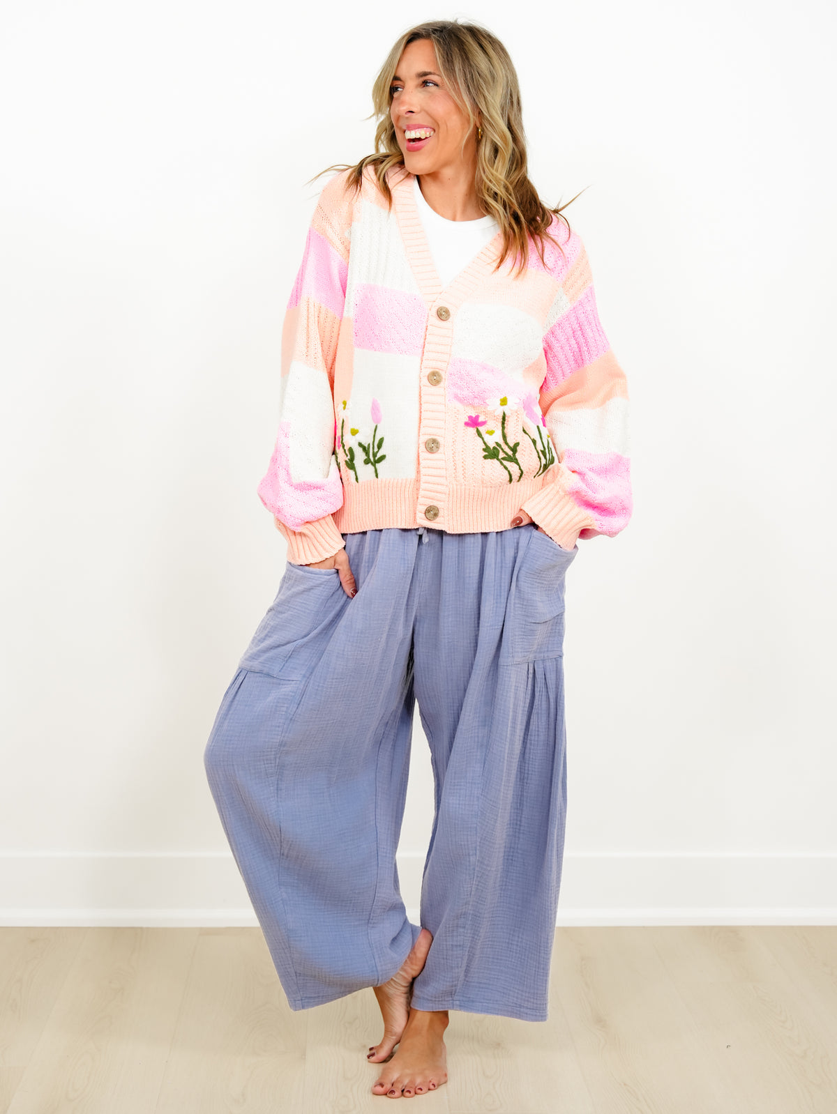 POL Color Block Long Sleeve Button Down Cardigan with Embroidered Flowers