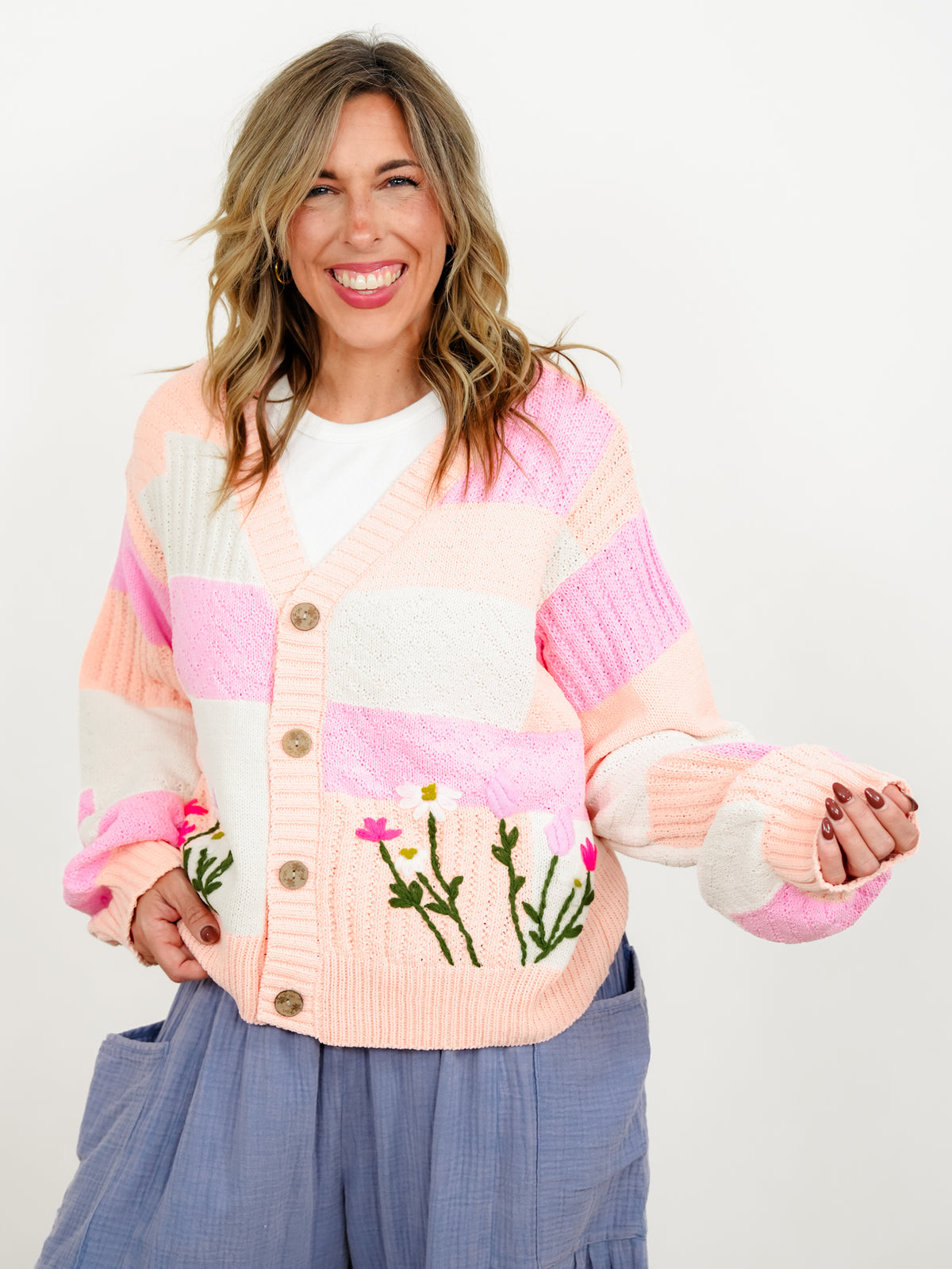 POL Color Block Long Sleeve Button Down Cardigan with Embroidered Flowers