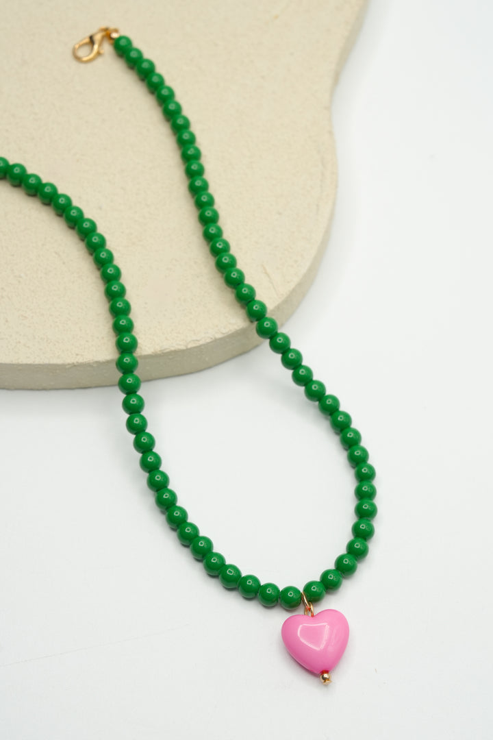 Gemelli Pippa Green Beaded Necklace with Heart Charm