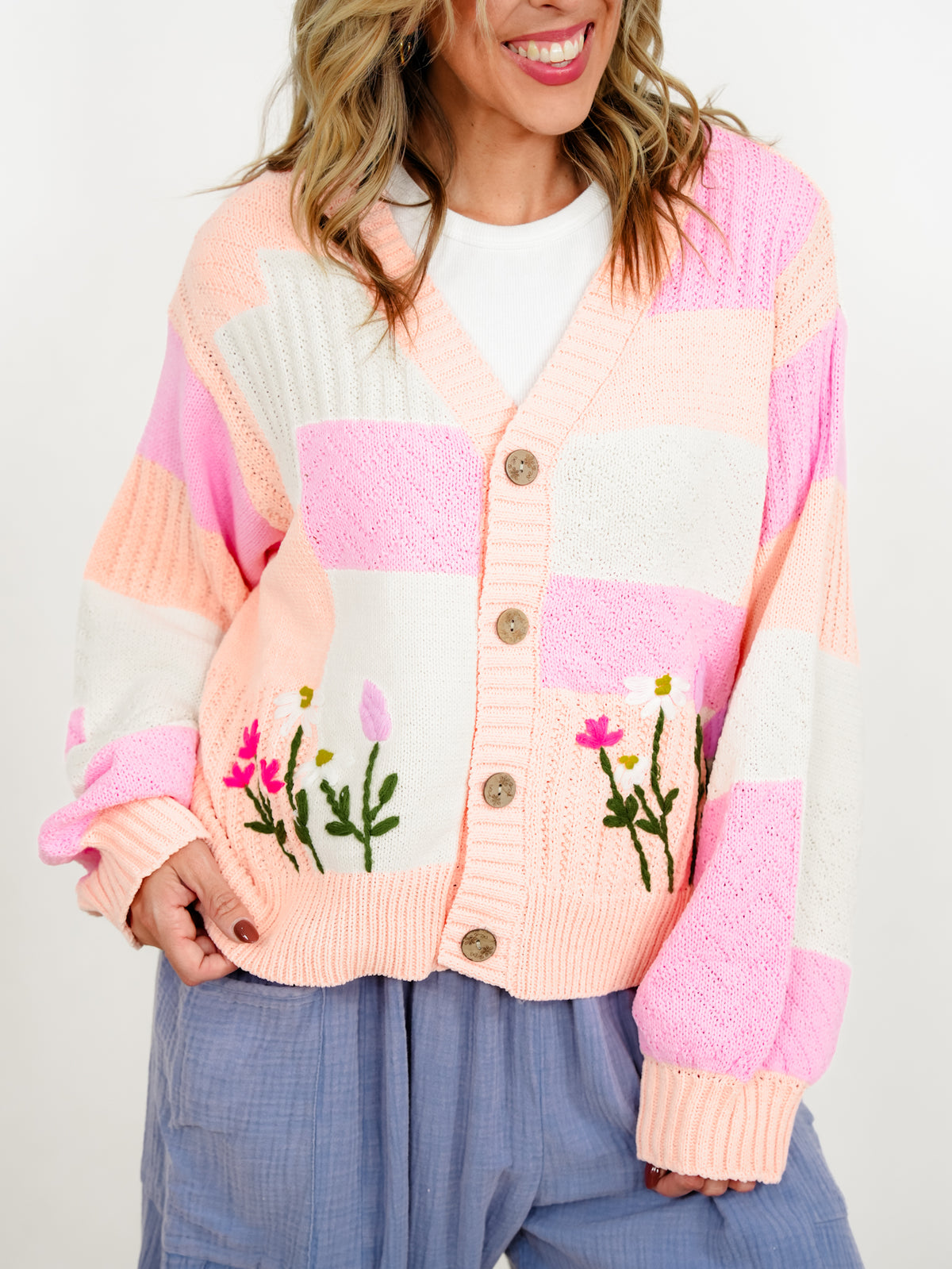 POL Color Block Long Sleeve Button Down Cardigan with Embroidered Flowers
