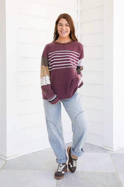 Long Sleeve Reverse Seam Pullover Top with Stripes
