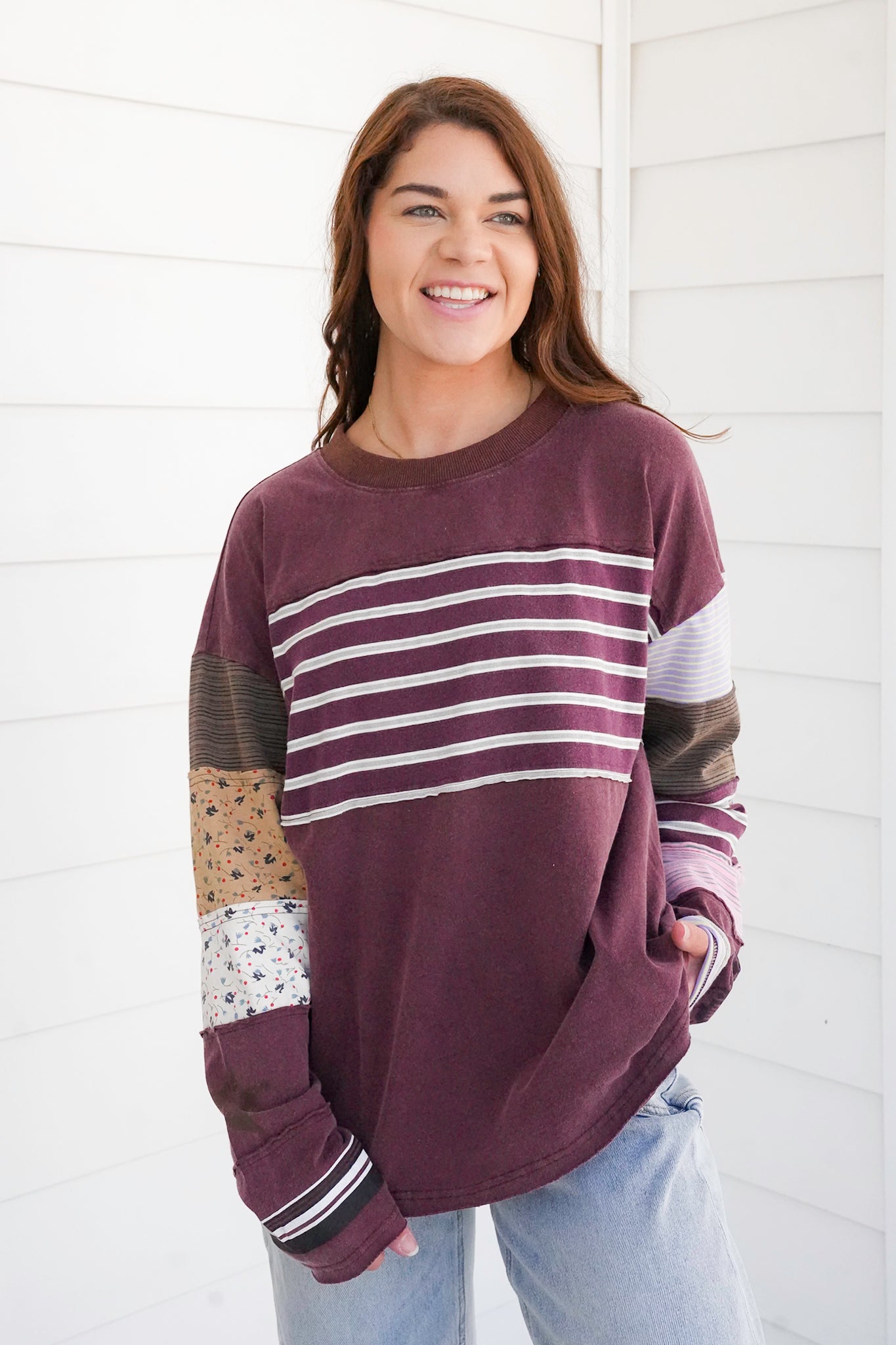 Long Sleeve Reverse Seam Pullover Top with Stripes