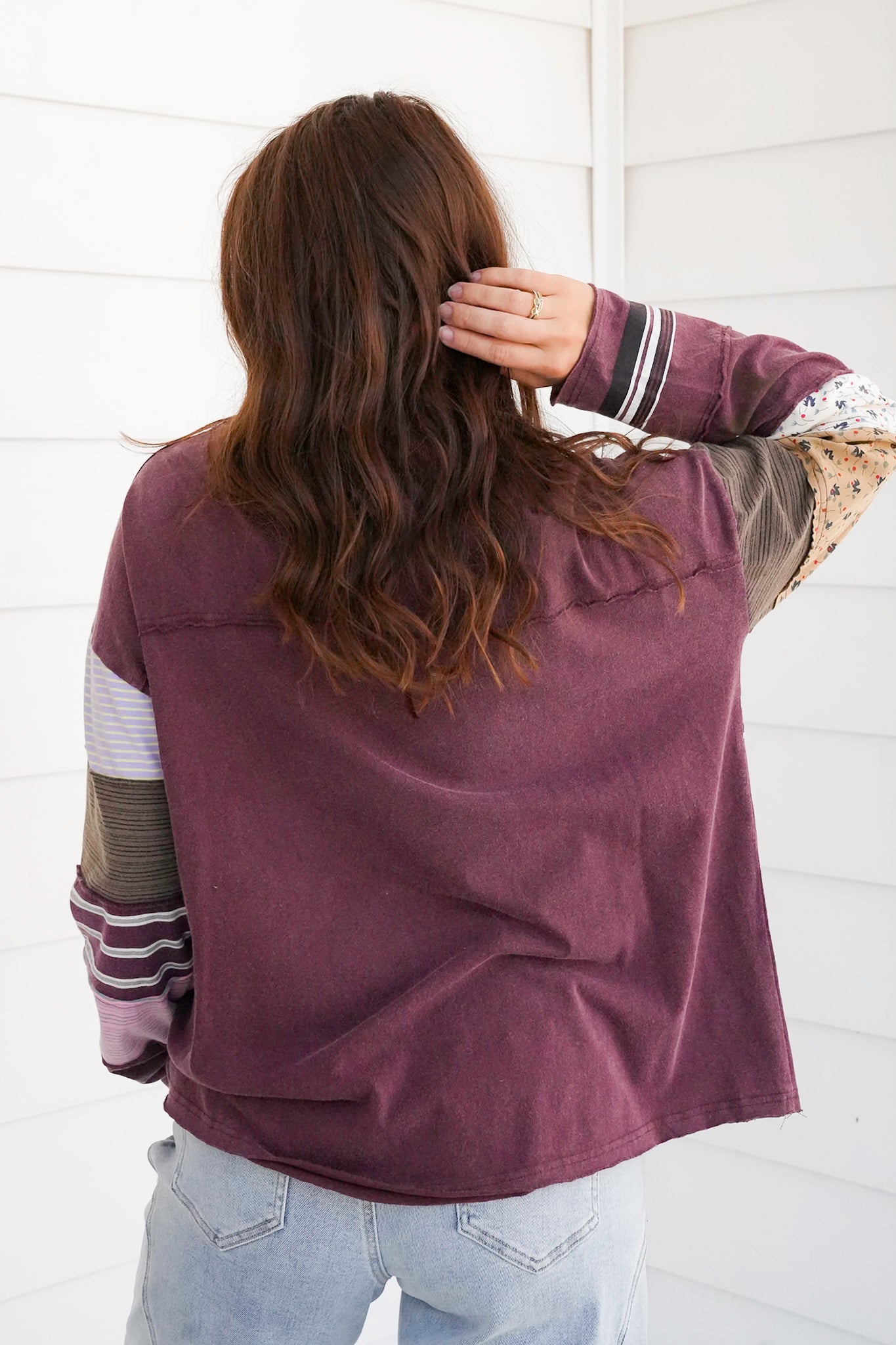 Long Sleeve Reverse Seam Pullover Top with Stripes