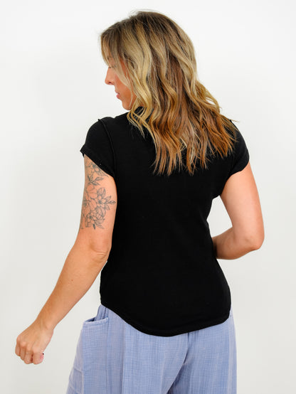 POL Ribbed Knit Short Sleeve Top with Reverse Seam Detail