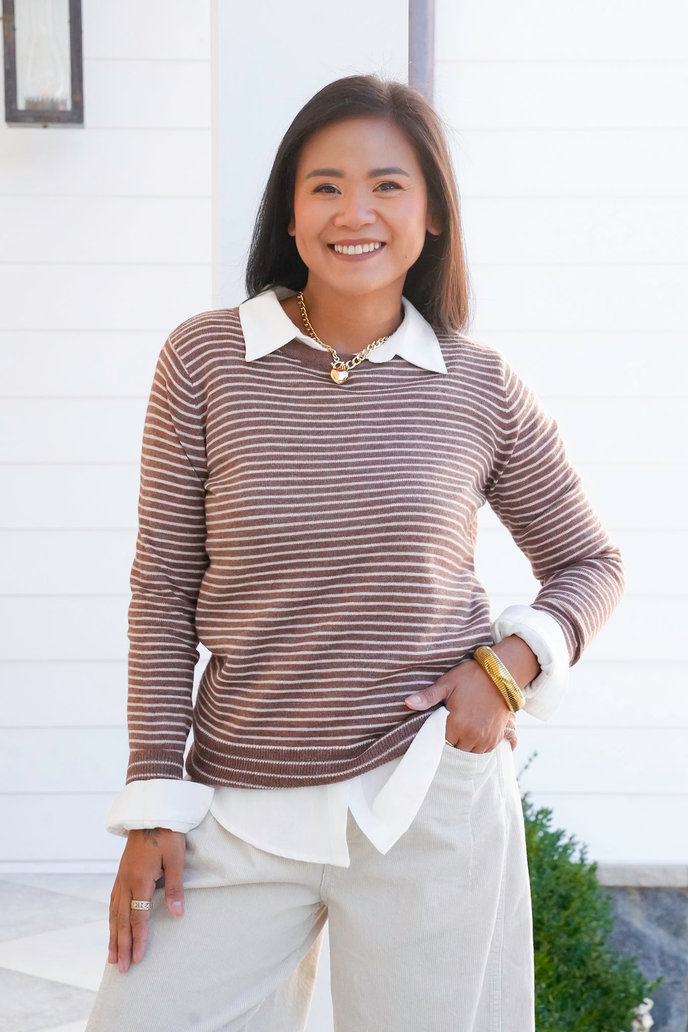 Stripe Long Sleeve Crew Neck Pullover Sweater