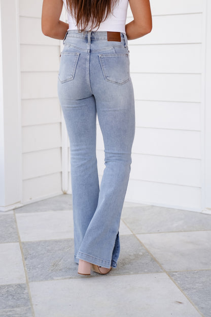 Judy Blue Walking on Sunshine High Rise Light Vintage Wash Tummy Control Slim Bootcut Jeans With Side Slit