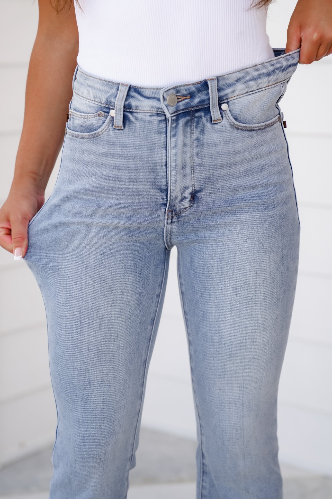 Judy Blue Walking on Sunshine High Rise Light Vintage Wash Tummy Control Slim Bootcut Jeans With Side Slit