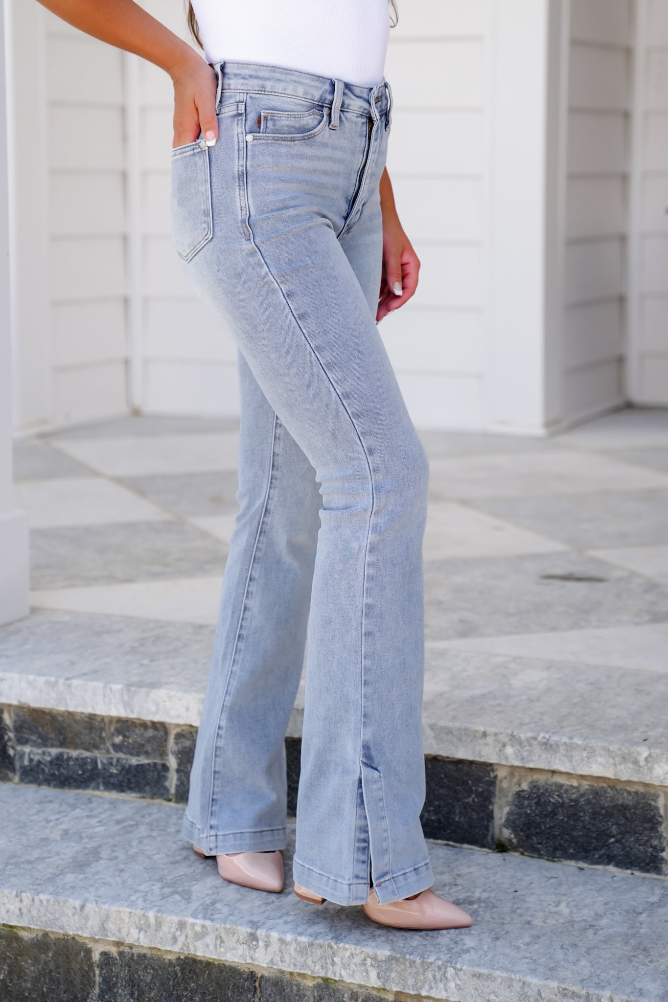 Judy Blue Walking on Sunshine High Rise Light Vintage Wash Tummy Control Slim Bootcut Jeans With Side Slit