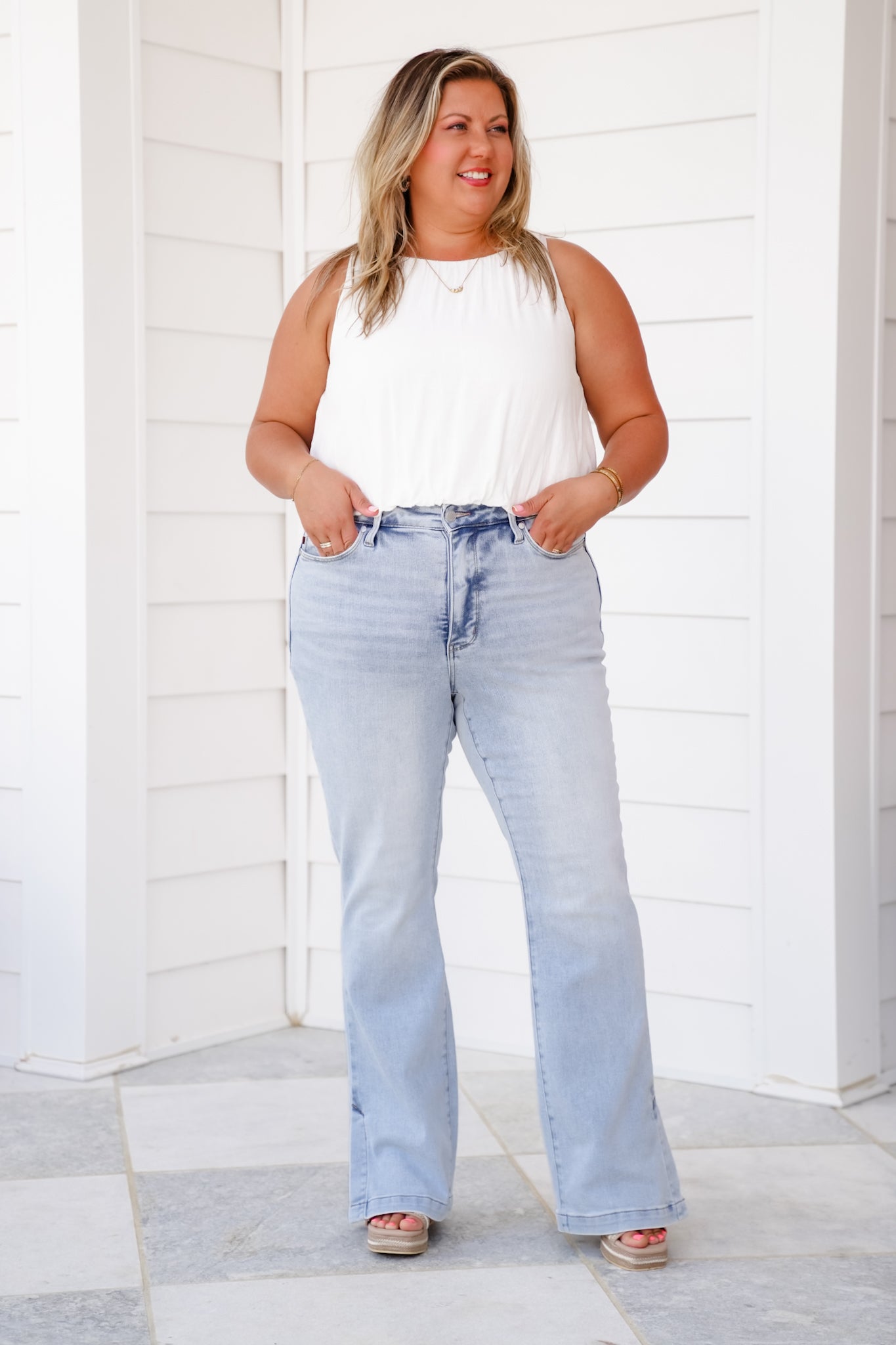 Judy Blue Walking on Sunshine High Rise Light Vintage Wash Tummy Control Slim Bootcut Jeans With Side Slit