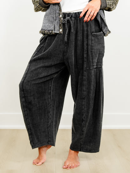 Drawstring Elastic Waist Gauze Wide Leg Cargo Pants