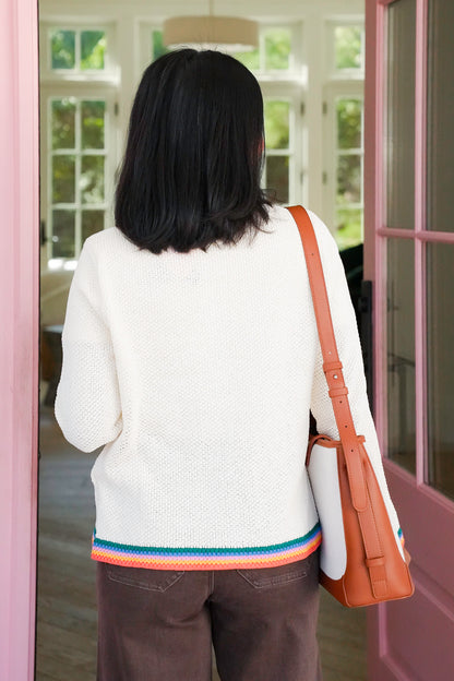 Knit Long Sleeve Button Down Cardigan with Rainbow Stripe