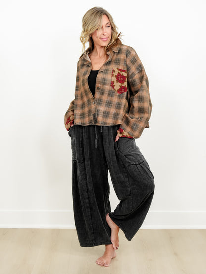 POL Plaid Long Sleeve Button Down Shacket with Floral Detail