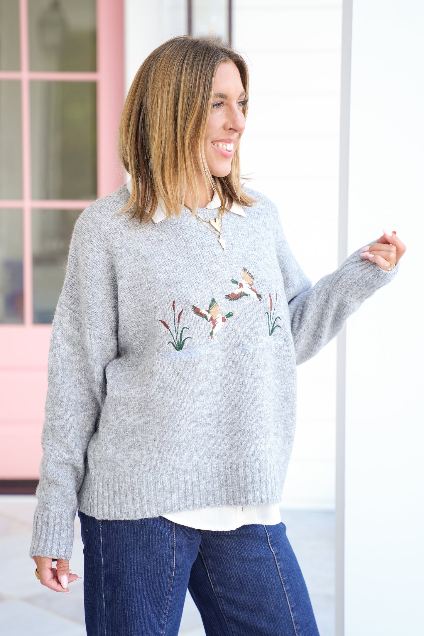 Long Sleeve Embroidered Duck Pullover Sweater