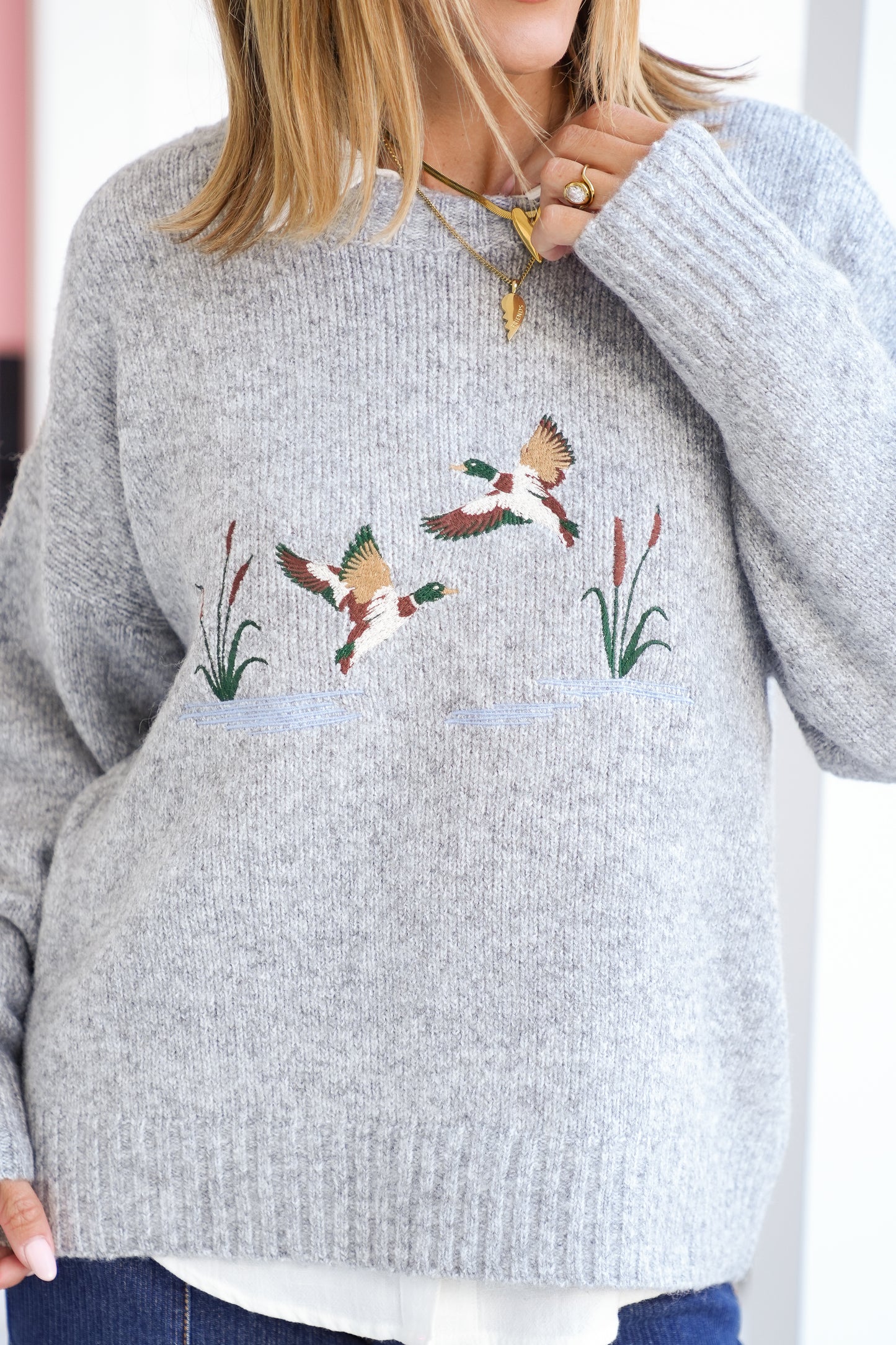 Long Sleeve Embroidered Duck Pullover Sweater