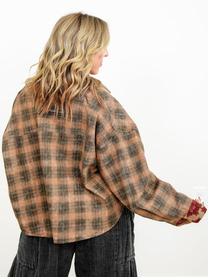 POL Plaid Long Sleeve Button Down Shacket with Floral Detail