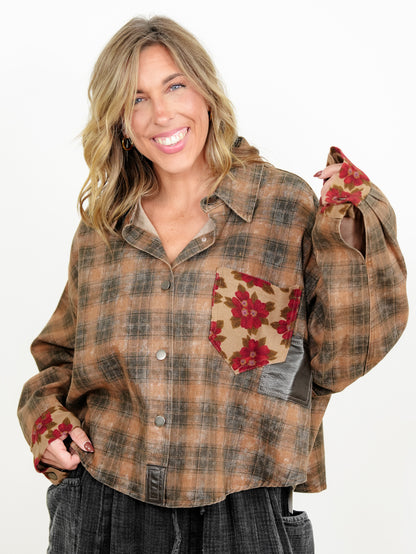 POL Plaid Long Sleeve Button Down Shacket with Floral Detail