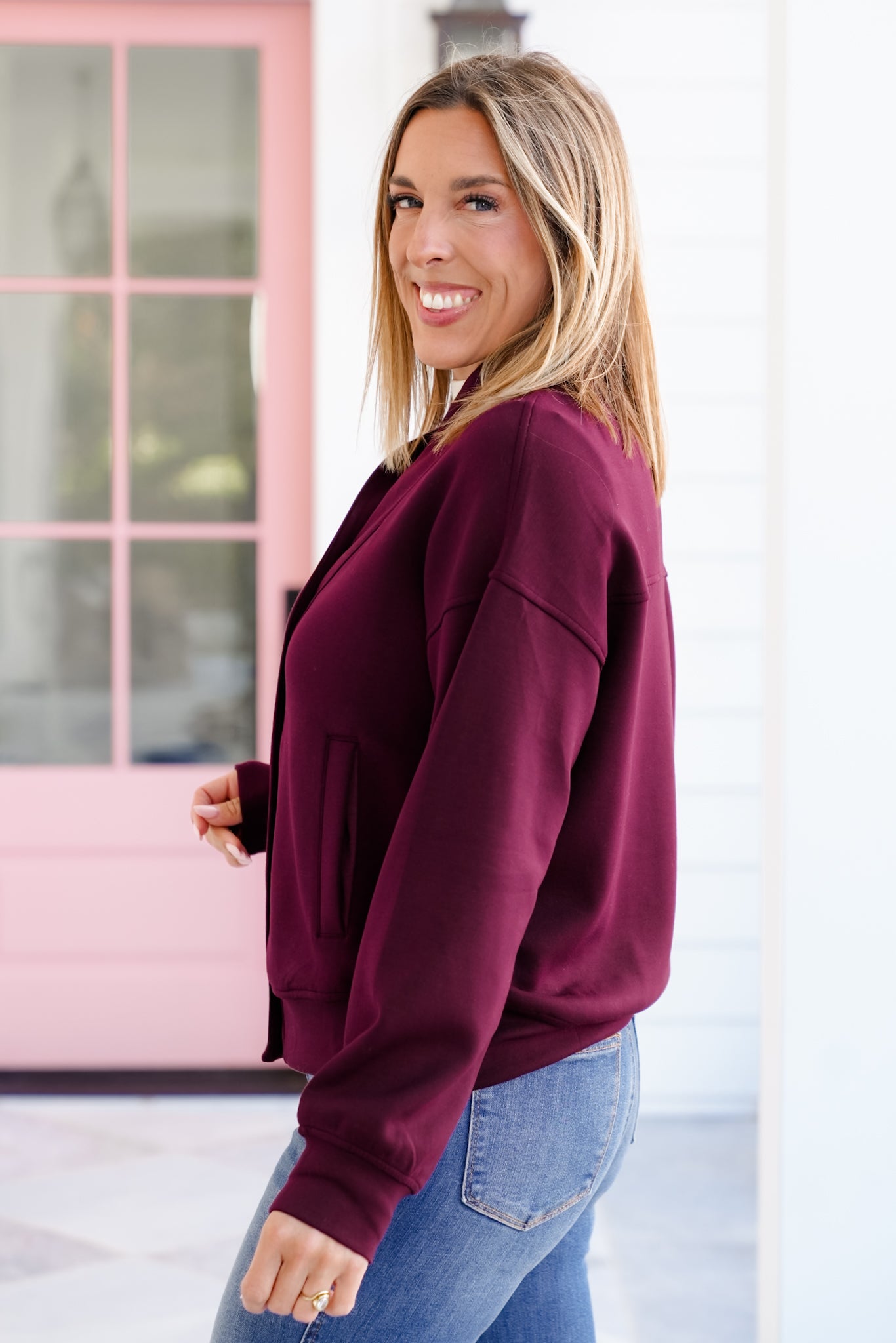 Solid Long Sleeve Scuba Knit Button Up Cardigan