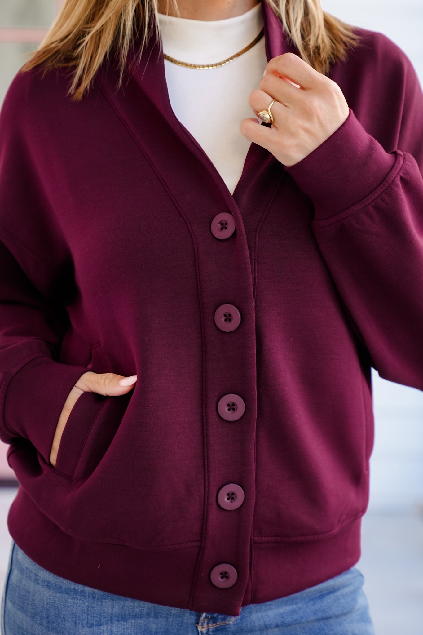 Solid Long Sleeve Scuba Knit Button Up Cardigan