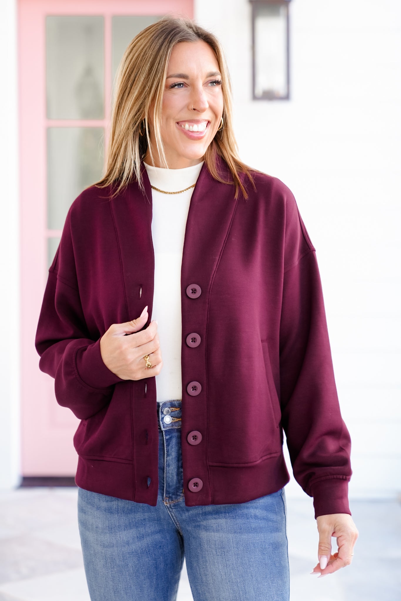 Solid Long Sleeve Scuba Knit Button Up Cardigan