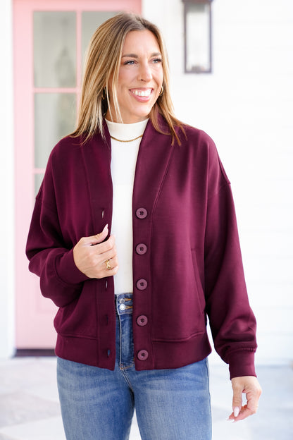 Solid Long Sleeve Scuba Knit Button Up Cardigan