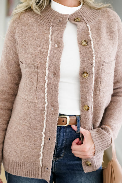 Long Sleeve Mock Neck Button Down Cardigan Sweater