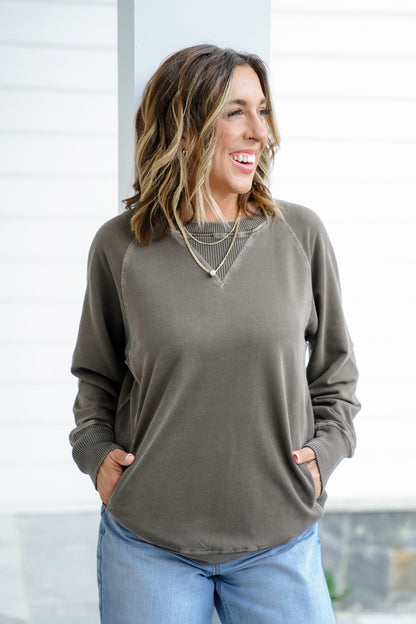 Restock! Door Buster! Plus/Reg Zenana Pigment Dyed French Terry Pullover with Pockets