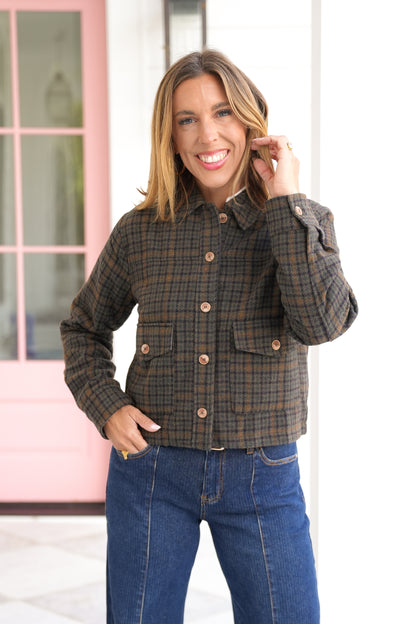 Plaid Long Sleeve Button Down Crop Jacket
