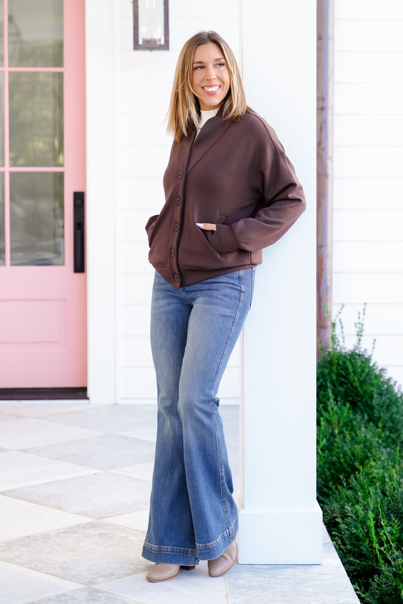 Solid Long Sleeve Scuba Knit Button Up Cardigan