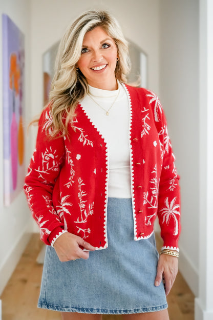 Plus/Reg Tropical Print Long Sleeve Button Down Cardigan