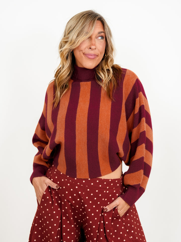 Vertical Stripe Long Dolman Sleeve Turtle Neck Sweater