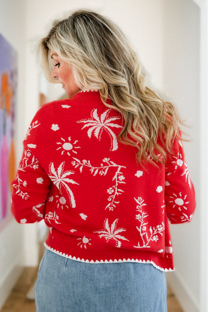 Plus/Reg Tropical Print Long Sleeve Button Down Cardigan