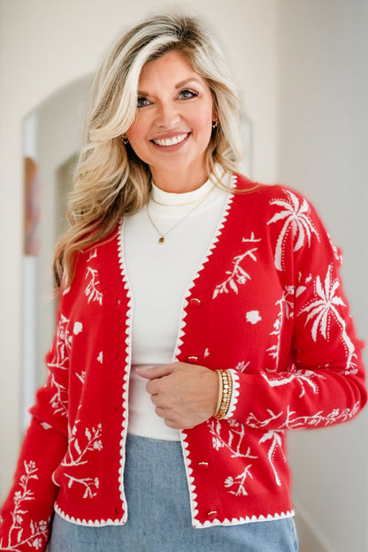 Plus/Reg Tropical Print Long Sleeve Button Down Cardigan