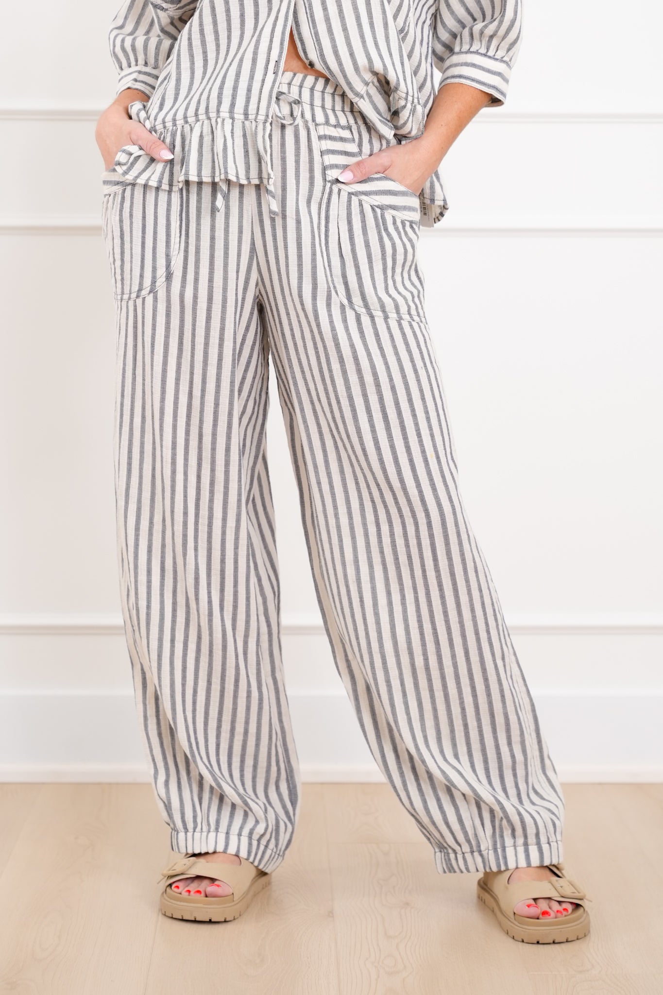 Stripe Linen Blend Elastic Waist Jogger Pants