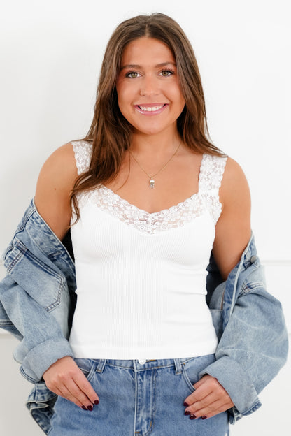 Ribbed Knit Tank Top with Lace