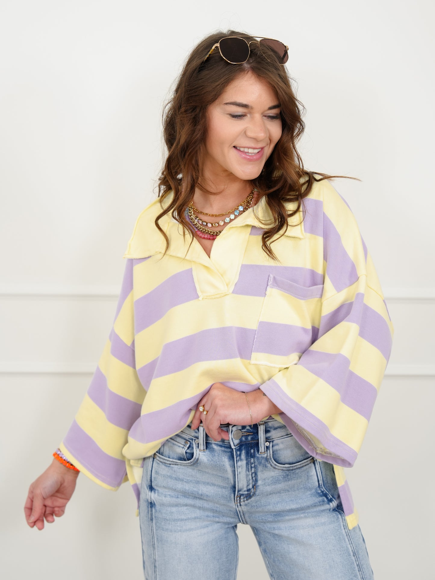 Stripe 3/4 Sleeve Rugby Top with Chest Pocket