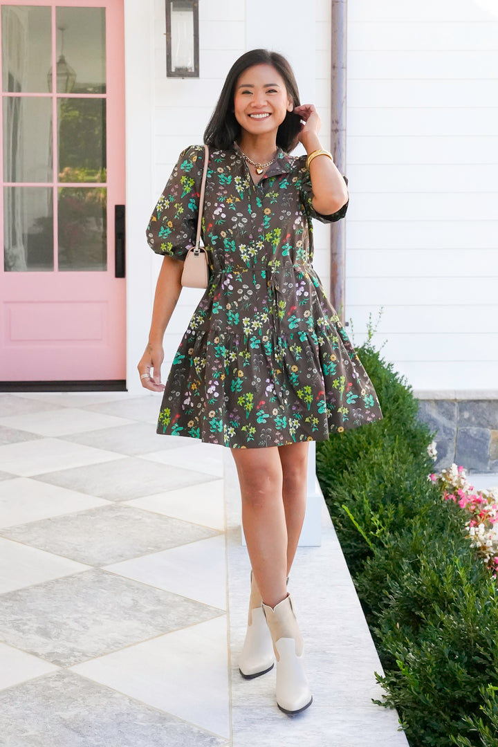 Floral Print Short Bubble Sleeve Mini Dress