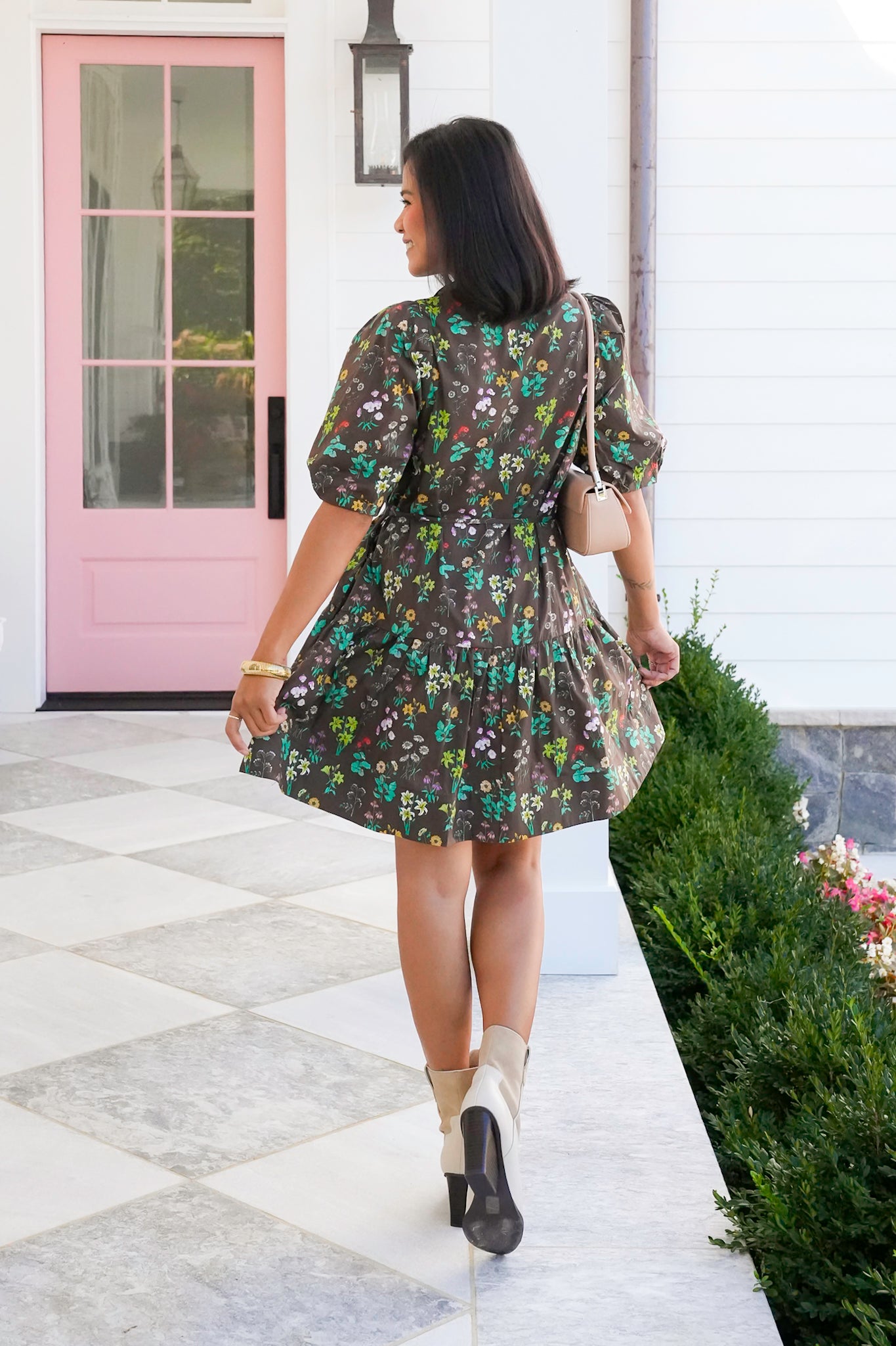 Floral Print Short Bubble Sleeve Mini Dress