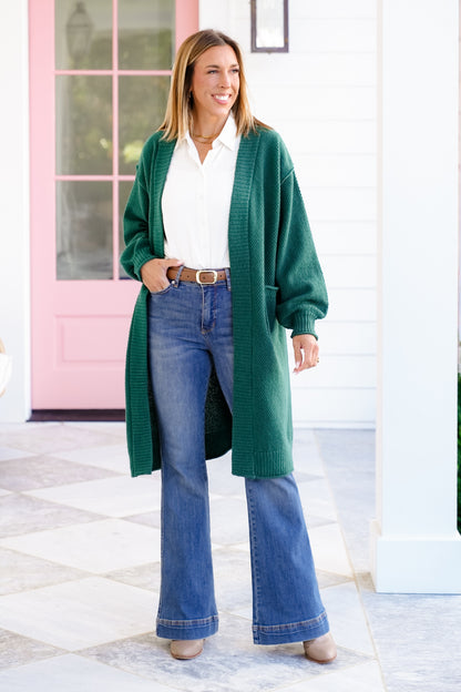 Green Long Sleeve Open Front Long Cardigan